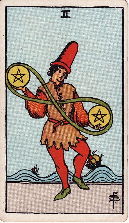 Two of pentacles. In this card, a person holds a large coin with a star in each hand. There is an infinity symbol drawn around the two pentacles.